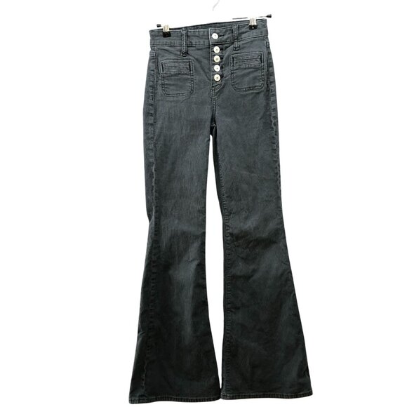 American Eagle Super Hi Rise Flare Corduroy Pants Womens 000 Gray Stretch Button - Picture 1 of 11